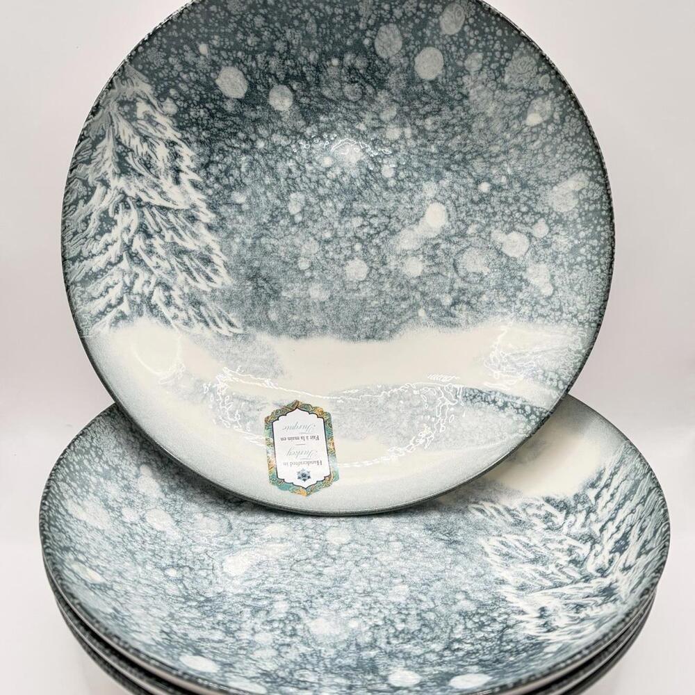 Set of 8 Intesa Snow Storm Pasta Bowls 9.5” Blue White Porcelain